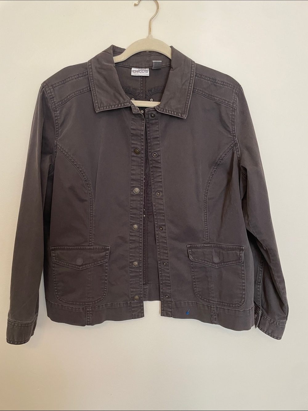 Chico's Brown Cotton Snap-Front Jacket with back detail